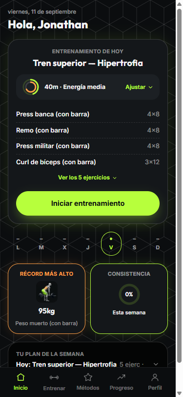 Pantalla de Inicio de SteelCoach con la rutina de hoy ya ajustada